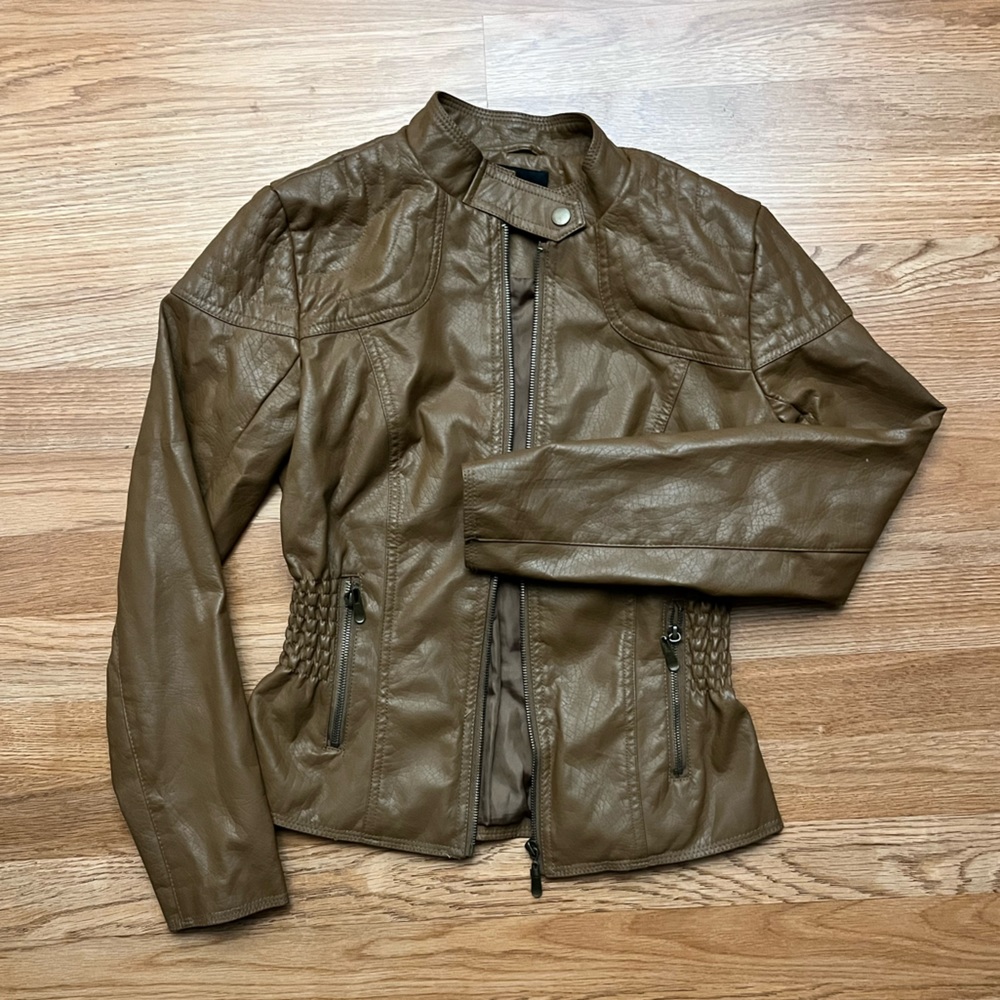 Brown cinched waist faux leather jacket
